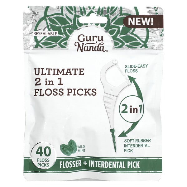 gru08341_v_3.jpg Ultimate 2 in 1 Floss Picks, дикая мята, 40 шт. — GuruNanda