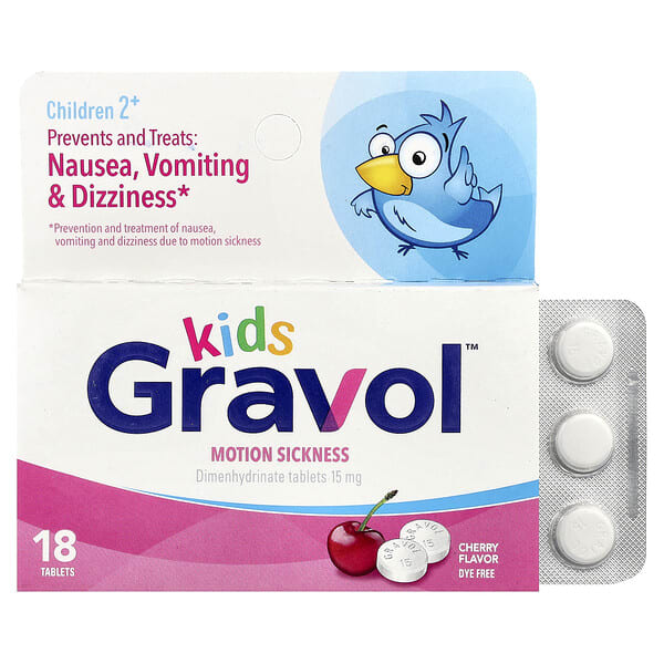 grv00284_v_18.jpg Kids, морская болезнь, для детей от 2 лет, вишня, 15 мг, 18 таблеток — Gravol