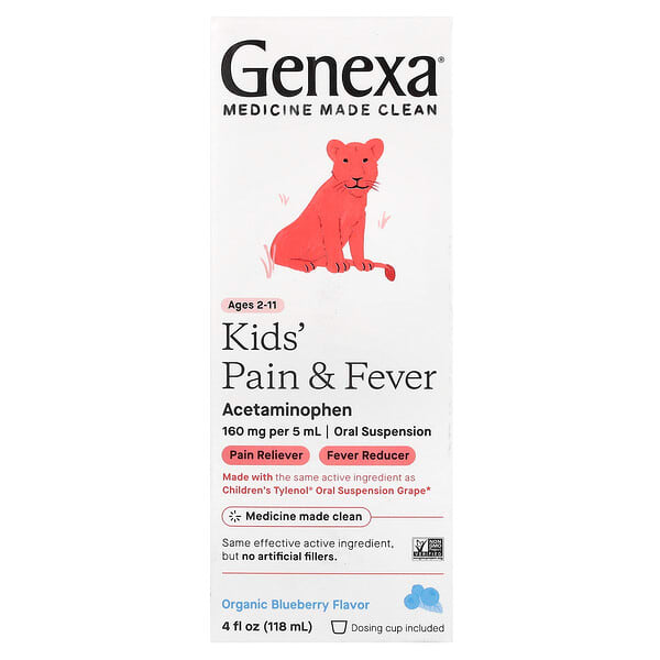 gxa00687_v_58.jpg Kids 'Pain & Fever, для детей 2–11 лет, органическая голубика, 160 мг, 118 мл (4 жидк. Унции) — Genexa