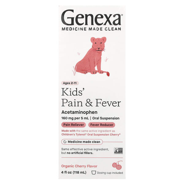 gxa73649_v_21.jpg Kids 'Pain & Fever, для детей 2–11 лет, органическая вишня, 118 мл (4 жидк. унц.) — Genexa