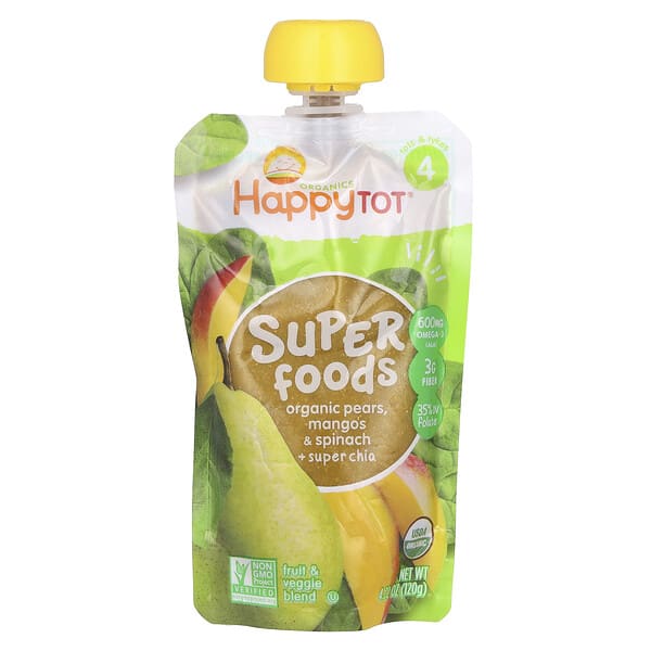 hap00129_v_17.jpg HappyTot, SuperFoods, этап 4, органические груши, манго, шпинат и суперчиа, 120 г (4,22 унции) — Happy Family Organics