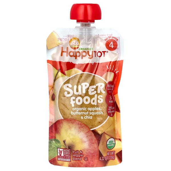 hap00130_v_11.jpg Happy Tot, суперфуды, для детей от 2 лет, органические яблоки, мускатная тыква и чиа, 120 г (4,22 унции) — Happy Family Organics