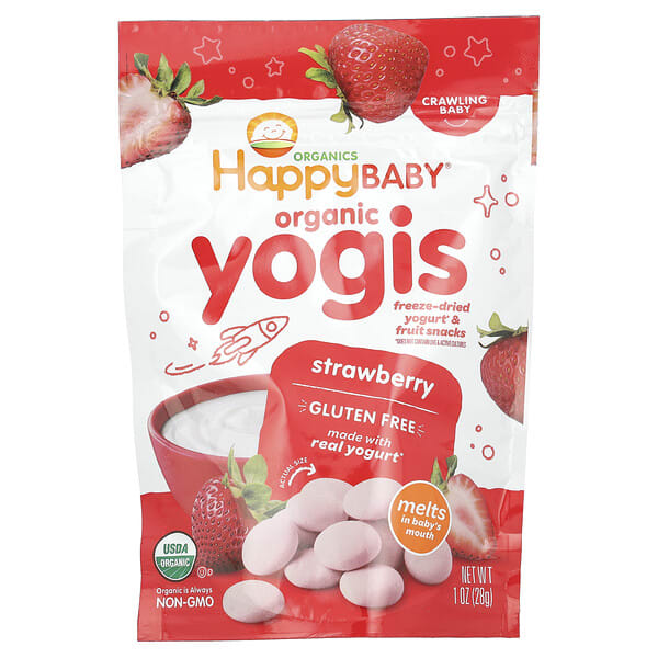hap00147_v_17.jpg Happy Baby®, органический йогурт, сублимированный йогурт и фруктовые снеки, для крошка, клубника, 28 г (1 унция) — Happy Family Organics