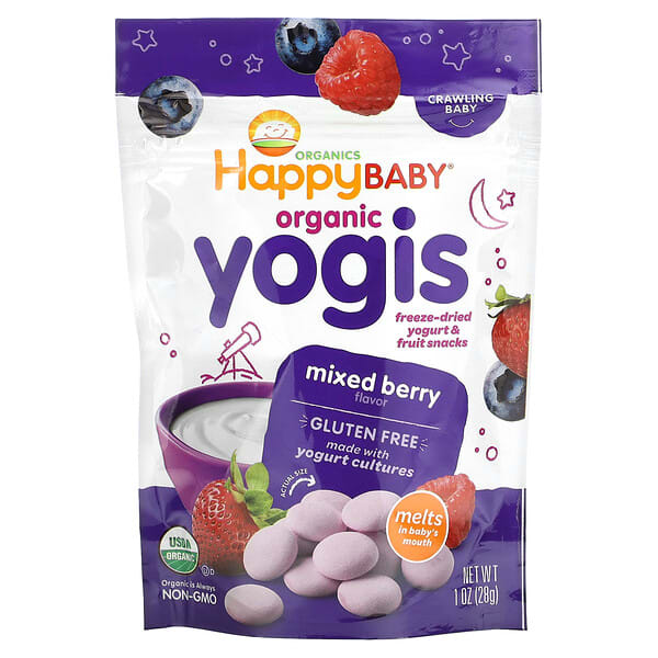 hap00148_v_23.jpg Happy Baby®, Yogis, органические снеки с сублимированным йогуртом и фруктами, для детей, умеющих ползать, ягодное ассорти, 28 г (1 унция) — Happy Family Organics