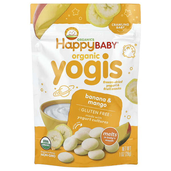 hap00149_v_23.jpg Happy Baby®, органический йогурт, сублимированный йогурт и фруктовые снеки, для крошка, банан и манго, 28 г (1 унция) — Happy Family Organics