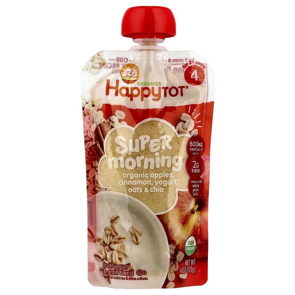 hap01067_v_10.jpg Happytot, Super Morning, этап 4, органические яблоки, корица, йогурт, овес и суперчайя, 113 г (4 унции) — Happy Family Organics