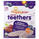 Happy Baby®, органические вафли для прорезывания зубов, голубика и фиолетовая морковь, 12 пакетиков по 4 г (0,14 унции) — Happy Family Organics