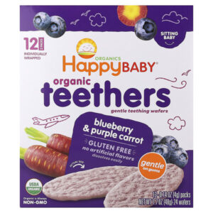 Happy Baby®, органические вафли для прорезывания зубов, голубика и фиолетовая морковь, 12 пакетиков по 4 г (0,14 унции) — Happy Family Organics