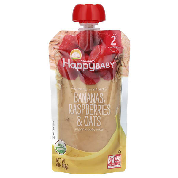 hap01326_v_12.jpg Happy Baby, детское питание, для детей от 6 месяцев, бананы, малина и овсянка, 113 г (4 унции) — Happy Family Organics