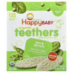 Happy Baby®, органические вафли для прорезывания зубов, для малышей, умеющих сидеть, горох и шпинат, 12 пакетиков по 4 г (0,14 унции) — Happy Family Organics