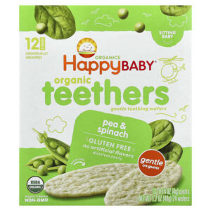 Happy Baby®, органические вафли для прорезывания зубов, для малышей, умеющих сидеть, горох и шпинат, 12 пакетиков по 4 г (0,14 унции) — Happy Family Organics