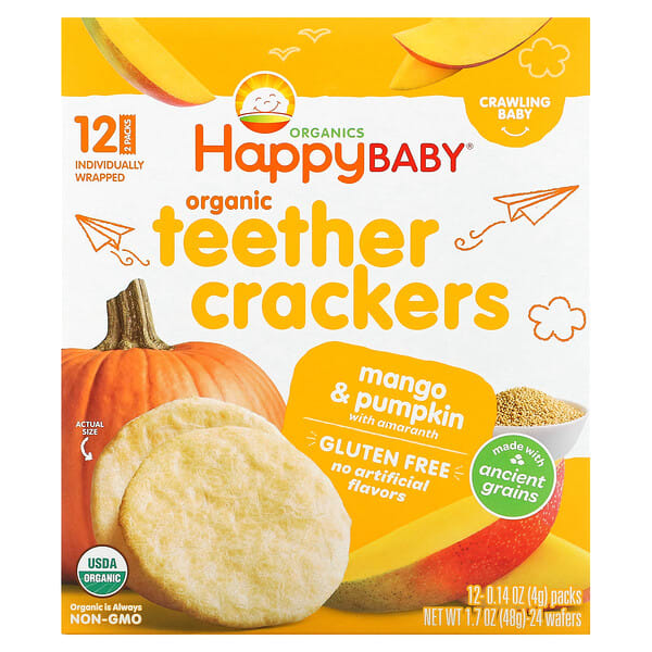 hap01554_v_24.jpg Happy Baby, органические крекеры для зубов, манго и тыква с амарантом, 12 пакетиков по 4 г (0,14 унции) — Happy Family Organics
