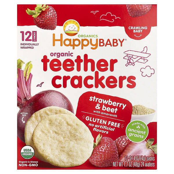 hap01555_v_48.jpg Happy Baby, органические крекеры для зубов, клубника, свекла и амарант, 12 пакетиков по 4 г (0,14 унции) — Happy Family Organics