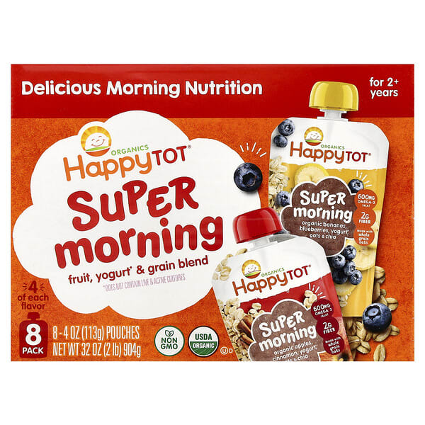 hap01672_v_20.jpg Happy Tot®, Super Morning, смесь фруктов, йогурта и злаков, для детей от 2 лет, ассорти вкусов, 8 упаковок по 113 г (4 унции) — Happy Family Organics