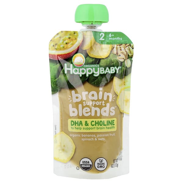 hap01675_v_6.jpg Happy Baby®, Brain Support Blends™, для детей от 6 месяцев, органические бананы, маракуйя, шпинат и овсянка, 113 г (4 унции) — Happy Family Organics