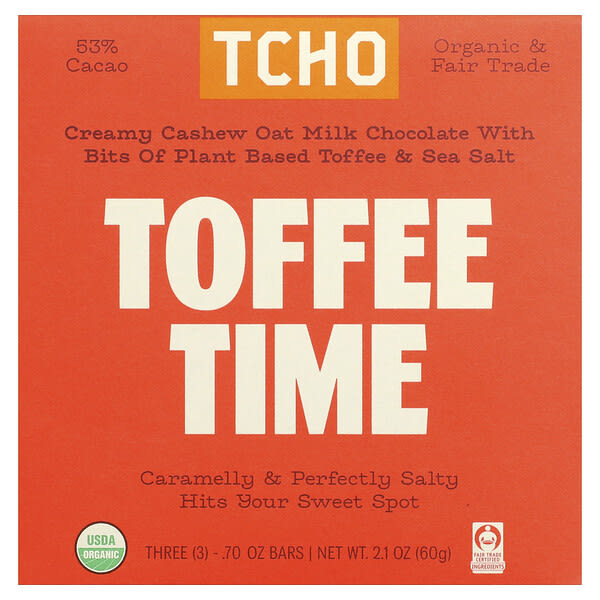 hct01978_v_2.jpg Toffee Time, шоколад из овсяного молока с ирисом и морской солью, 53% какао, 3 батончика по 0,70 унции — TCHO