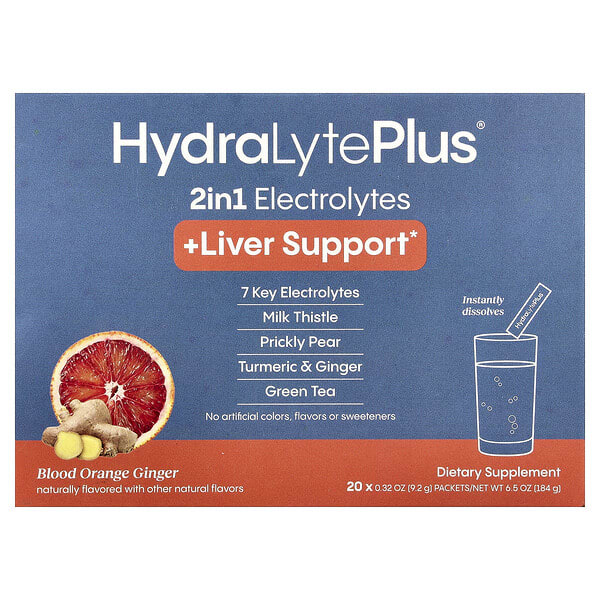 hdl72385_v_26.jpg HydraLyte Plus®, поддержка печени, красный апельсин и имбирь, 20 пакетиков по 9,2 г (0,32 унции) — Hydralyte