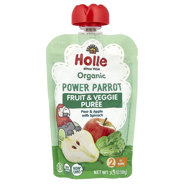 hle14732_v_2.jpg Органическое фруктовое и овощное пюре, Power Parrot, от 6 месяцев, груша и яблоко со шпинатом, 100 г (3,5 унции) — Holle