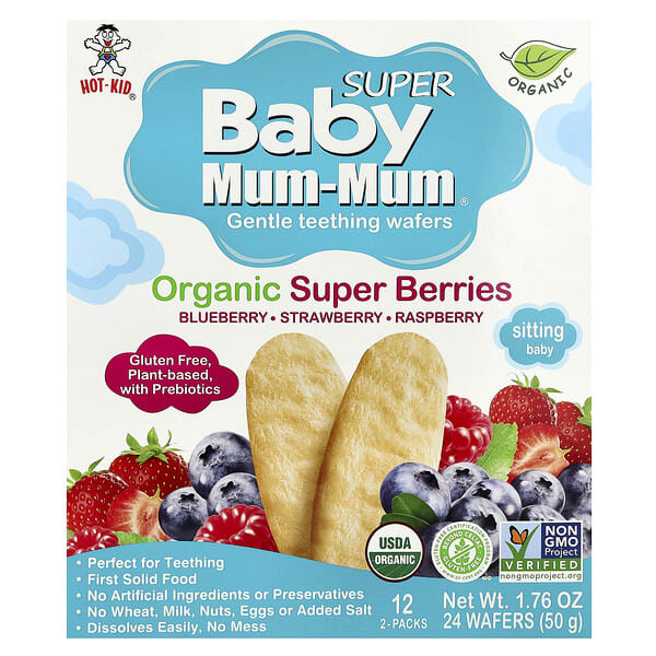 hok60111_v_40.jpg Baby Mum-Mum® Super, нежные вафли для прорезывания зубов, органические суперягоды, 12 пакетиков по 2 жевательные таблетки — Hot Kid