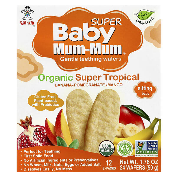 hok60112_v_52.jpg Baby Mum-Mum® Super, нежные вафли для прорезывания зубов, для малышей, органические тропические фрукты, 12 пакетиков по 2 вафли — Hot Kid