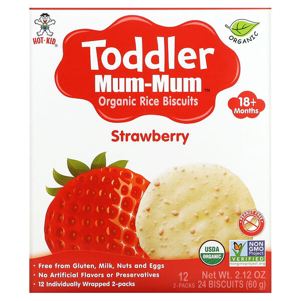 hok80864_v_47.jpg Toddler Mum-Mum, органическое рисовое печенье, для детей от 18 месяцев, со вкусом клубники, 12 пачек, по 2 шт. — Hot Kid