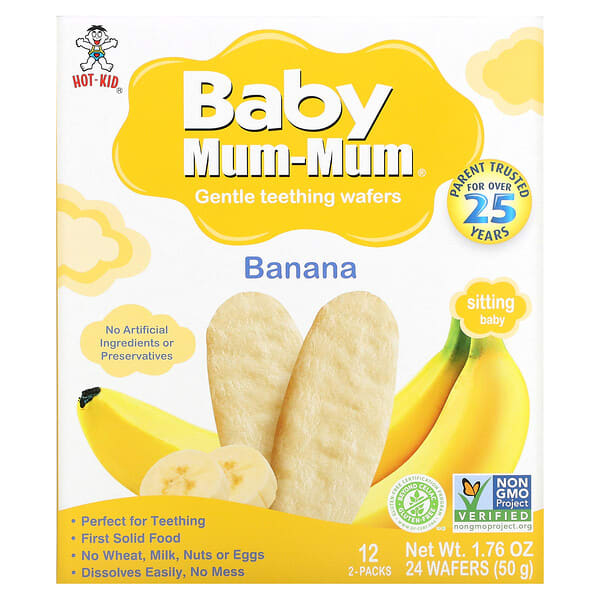 hok80968_v_67.jpg Baby Mum-Mum, вафли для мягкого прорезывания зубов, банан, 12 пакетиков, по 2 шт. — Hot Kid