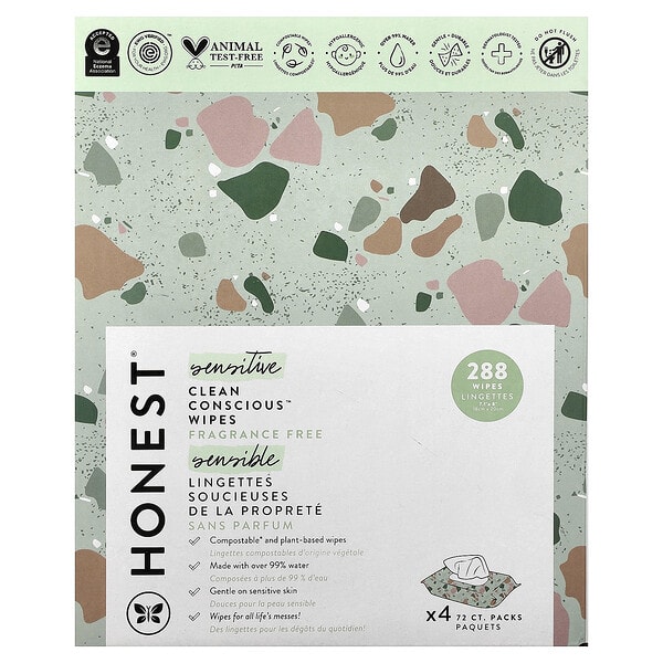 hos01468_v_22.jpg Honest, Sensitive Clean Conscious™ Wipes, Fragrance Free, 4 Packs, 72 Wipes Each