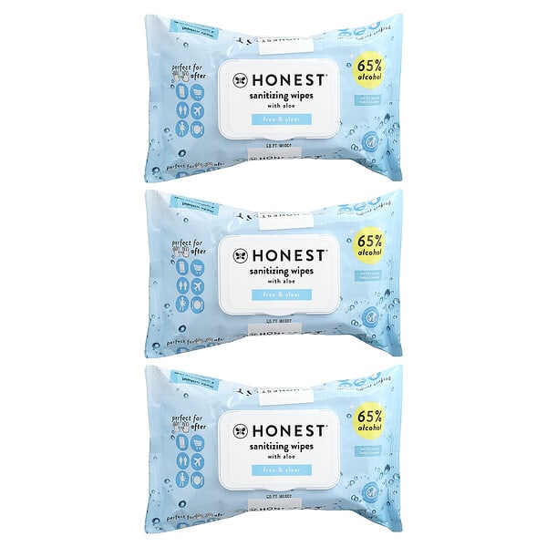 hos91307_v_20.jpg Honest, Sanitizing Wipes With Aloe, Free & Clear, 3 Packs, 50 Wipes Each