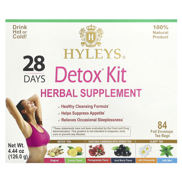 hyt01811_v_19.jpg 28 Days Detox Kit, ассорти, 84 чайных пакетика в фольгированных пакетиках, 126 г (4,44 унции) — Hyleys Tea