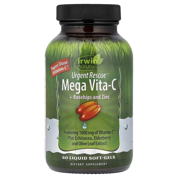 irw58639_v_35.jpg Urgent Rescue®, Mega Vita-C с шиповником и цинком, 60 желатиновых капсул — Irwin Naturals
