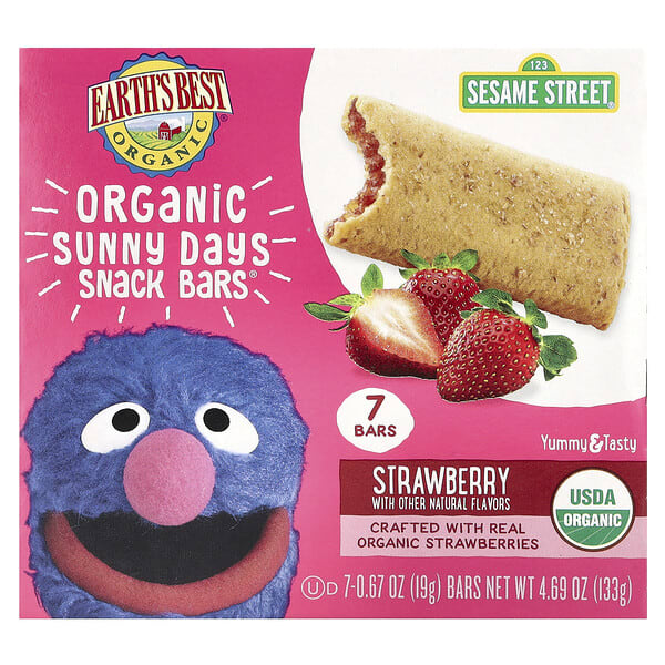 jas20196_v_25.jpg Organic Sunny Days Snack Bars®, для детей от 2 лет, со вкусом клубники, 7 батончиков, по 19 г (0,67 унции) — Earth's Best