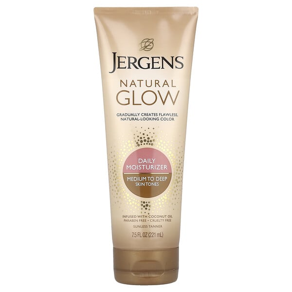 jer11062_v_12.jpg Natural Glow, ежедневное увлажняющее средство, для среднего и глубокого тона кожи, 221 мл (7,5 жидк. унц.) — Jergens