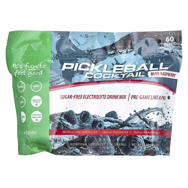 jig00213_v_3.jpg Pickleball Cocktail®, смесь для приготовления напитков с электролитами без сахара, голубая малина, 60 пакетиков по 5,6 г — Jigsaw Health