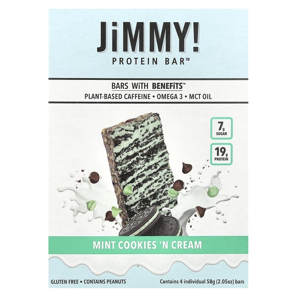 jim15701_v_17.jpg Bars With Benefits, протеиновый батончик, мятное печенье и крем, 4 отдельных батончика, 58 г (2,05 унции) — JiMMY!