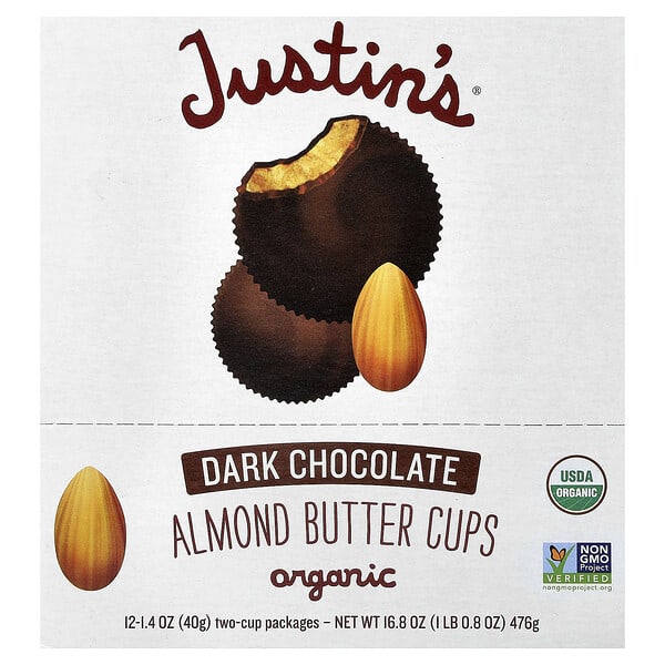 jnb10143_v_20.jpg Organic Dark Chocolate Almond Butter Cups, 12 Two-Cup Pakages, 1.4 oz (40 g) Each — Justin's Nut Butter