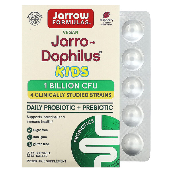 jrw03069_v_49.jpg Vegan Jarro-Dophilus® Kids, пробиотики и пребиотики для ежедневного приема, со вкусом малины, 60 жевательных таблеток (0,5 млрд КОЕ в 1 капсуле) — Jarrow Formulas