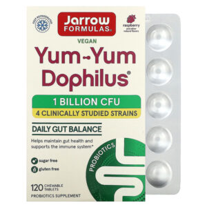 Yum-Yum Dophilus, без сахара, с натуральным ароматизатором со вкусом малины, 120 жевательных таблеток — Jarrow Formulas