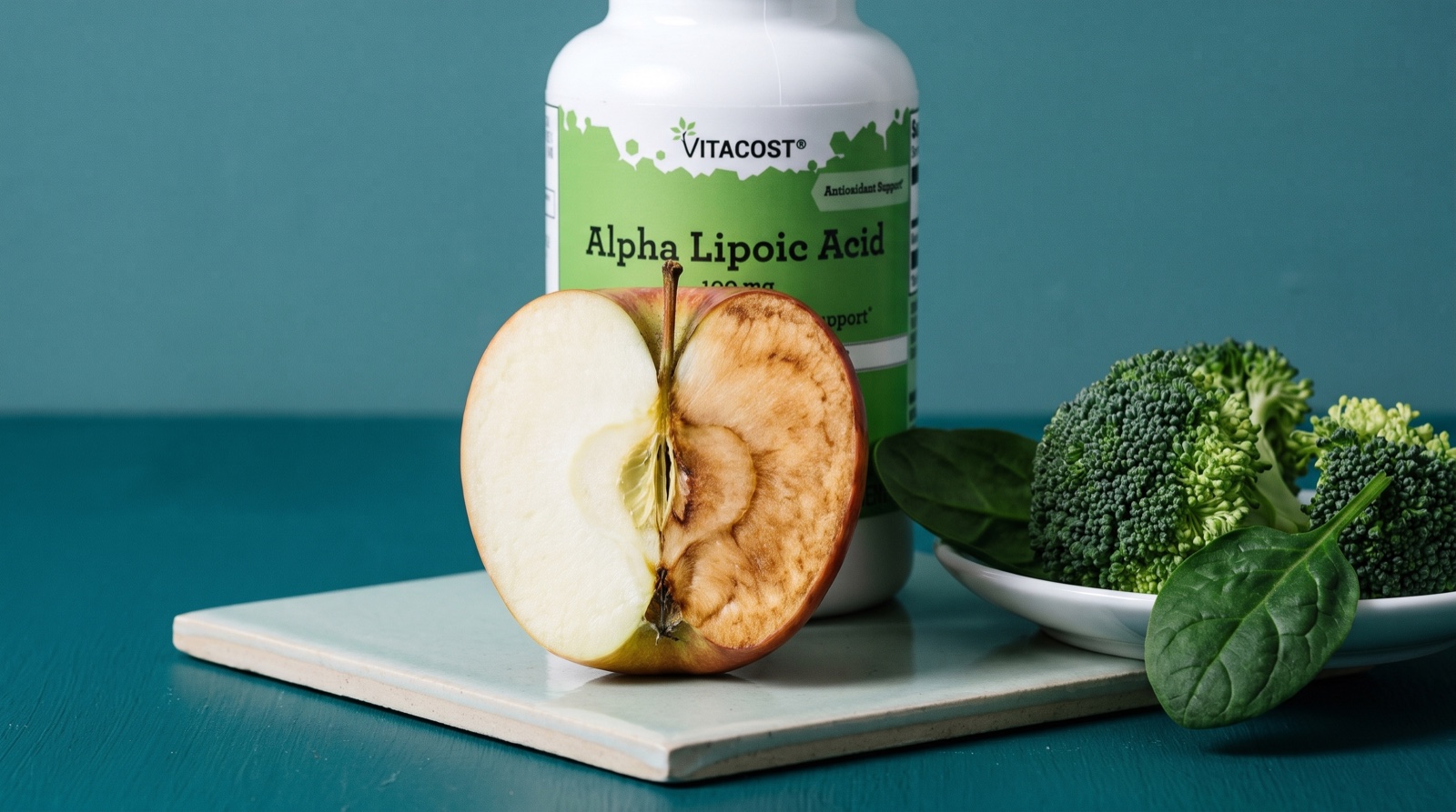 Альфа-липоевая кислота Vitacost рядом с половинками яблока, одна потемнела
