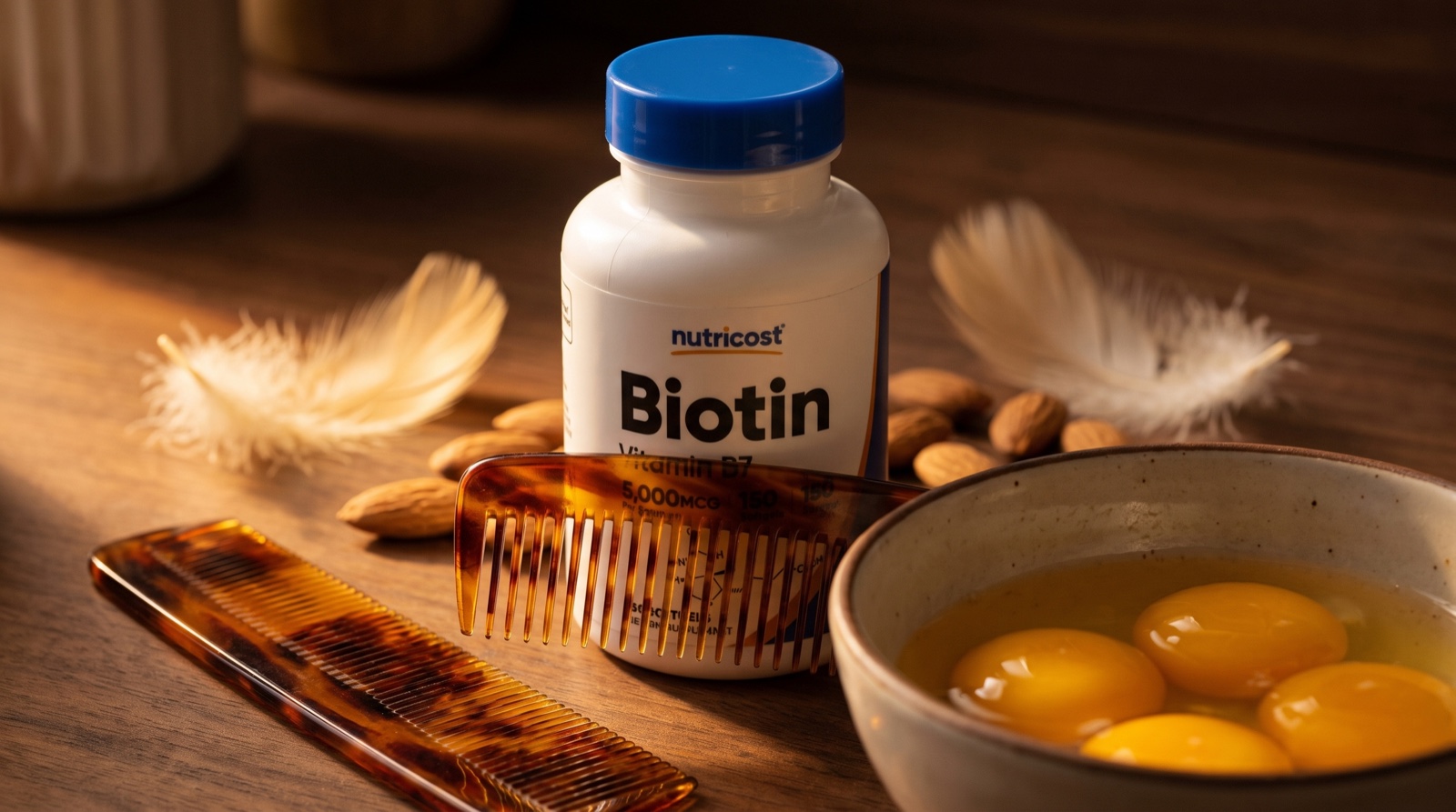 Биотин Nutricost на ореховом столике с черепаховым гребнем и желтками