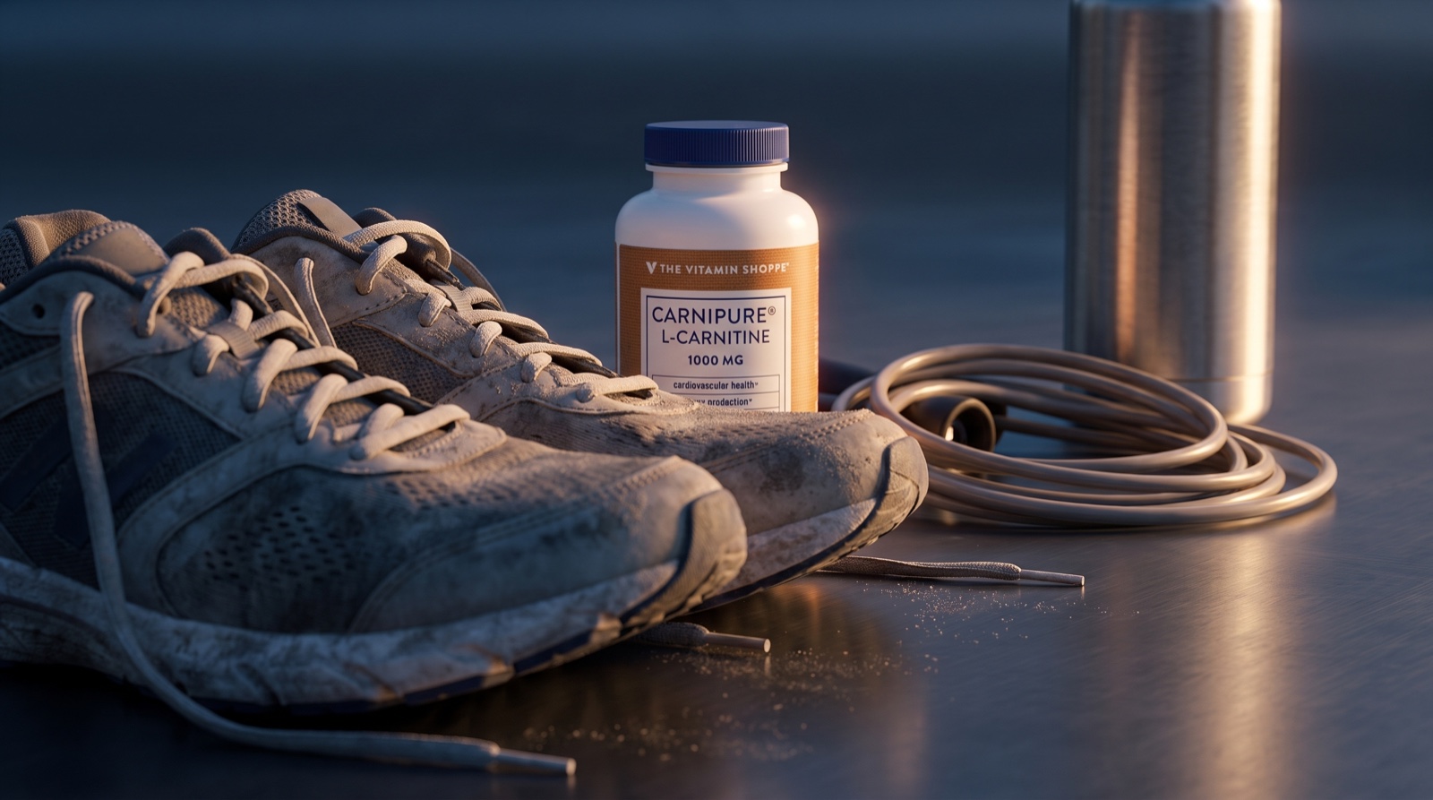 L-карнитин Carnipure The Vitamin Shoppe рядом с беговыми кроссовками на рассвете