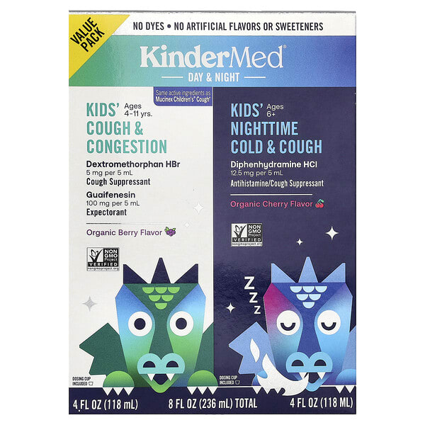 kie80595_v_20.jpg KinderFarms, KinderMed®, Kids Day & Night, средство от кашля, заложенности носа и простуды, 2 флакона по 118 мл (4 жидк. унции)