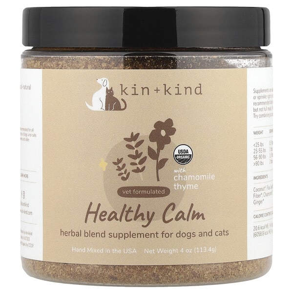 knd25306_v_32.jpg Healthy Calm, травяная добавка для собак и кошек, с ромашкой и чабрецом, 113,4 г (4 унции) — Kin+Kind