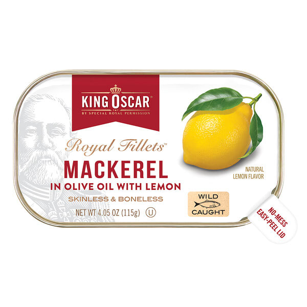 koc60097_v_32.jpg Royal Fillets, скумбрия в оливковом масле с лимоном, 115 г (4,05 унции) — King Oscar