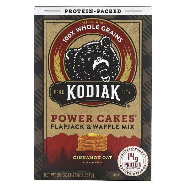 kod01267_v_8.jpg Power Cakes®, смесь для выпекания флапджека и вафель, овсяная с корицей, 567 г (20 унций) — Kodiak Cakes
