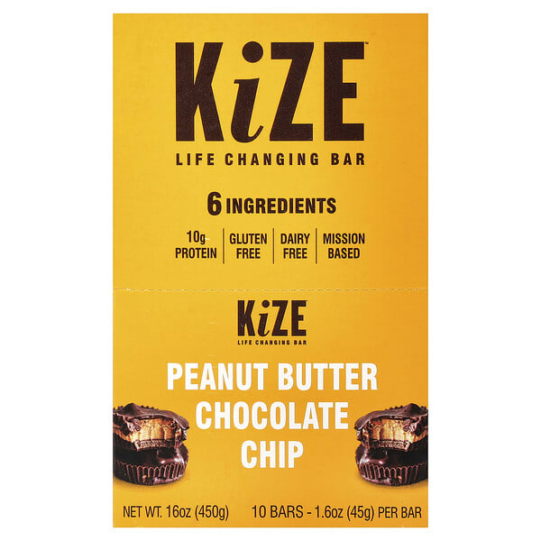 kze00420_v_20.jpg KiZE Life Changing Bar, арахисовая паста и шоколадная крошка, 10 батончиков по 45 г (1,6 унции)
