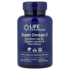 Super Omega-3, рыбий жир с ЭПК и ДГК, лигнанами кунжута и экстрактом оливы, 60 капсул, покрытых кишечнорастворимой оболочкой — Life Extension