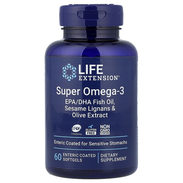 lex19856_v_132.jpg Super Omega-3, рыбий жир с ЭПК и ДГК, лигнанами кунжута и экстрактом оливы, 60 капсул, покрытых кишечнорастворимой оболочкой — Life Extension