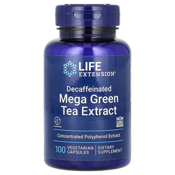 lex95410_v_89.jpg Mega Green Tea Extract, экстракт зелёного чая, без кофеина, 100 вегетарианских капсул (725 мг в 1 капсуле) — Life Extension