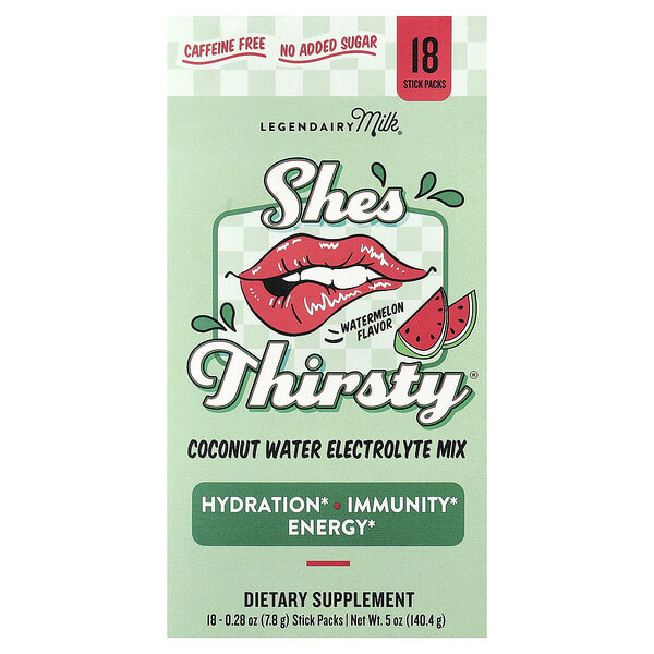 lgd41065_v_18.jpg She's Thirsty®, смесь электролитов с кокосовой водой, арбуз (коробка), 18 пакетиков-стиков по 7,8 г (0,28 унции) — Legendairy Milk