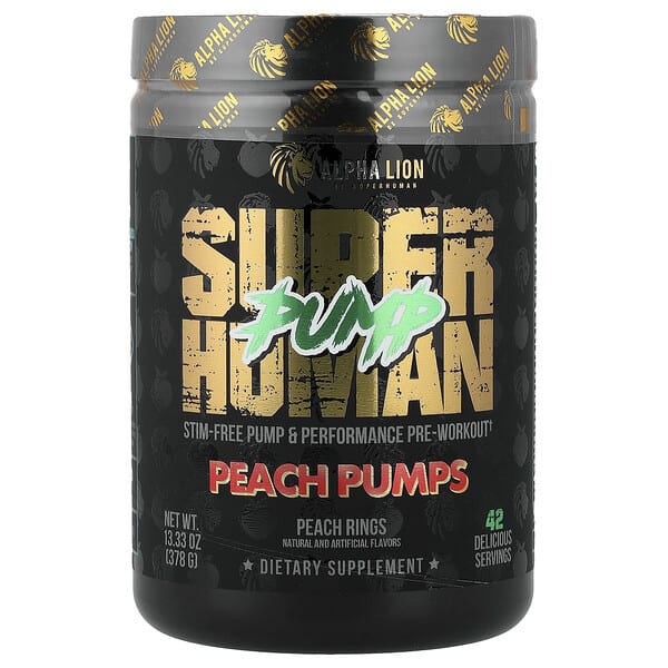 lio99015_v_28.jpg SuperHuman Pump, персиковые плоды, персиковые колечки, 378 г (13,33 унции) — ALPHA LION